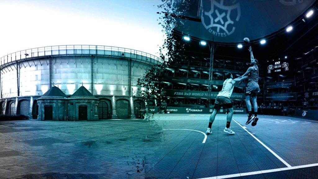 Een foto opgemaakt uit twee beelden: links de Gashouder en rechts FIBA World Tour Amsterdam Masters.